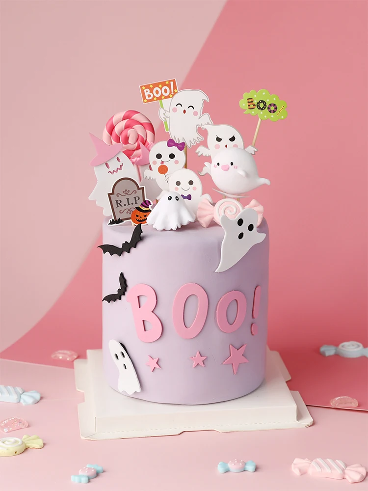 Cake Topper Halloween Theme Cupcake pink ghost series cartoon cute Halloween dessert pottery Cards for Party Cake Decoration