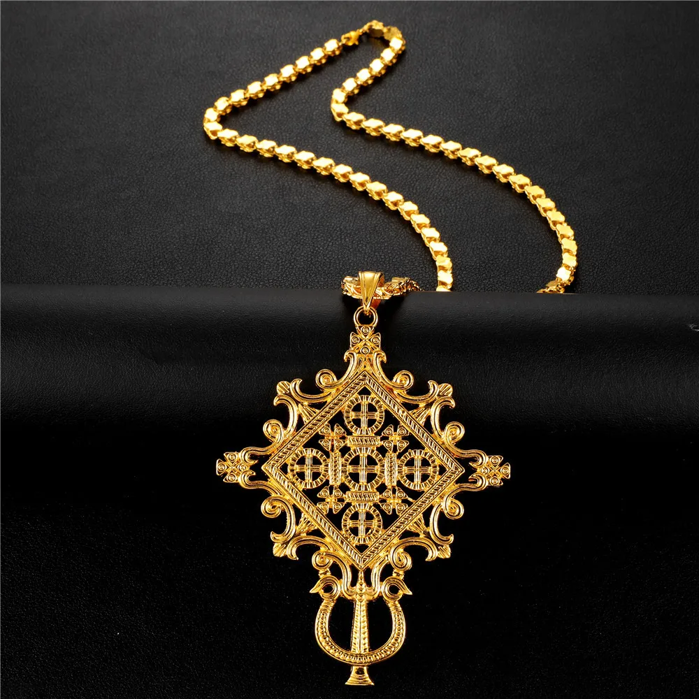 Ethlyn Ethiopian Eritrean Big Cross Pendant Chain Necklace Thick Gold Color Habesha Jewelry MY294