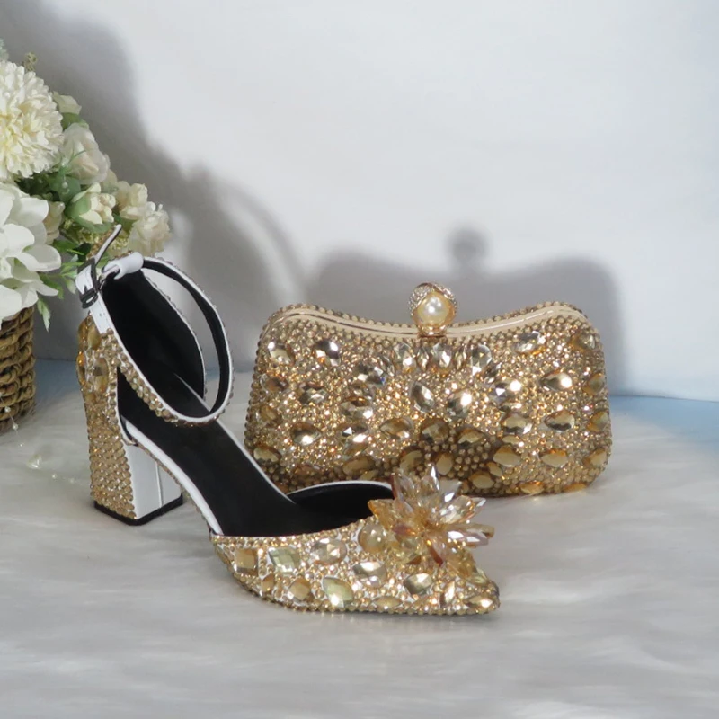 2021 New  Golden crystal Wedding shoes with matching bags Rhinestone high heels ankle strap women party dress shoes