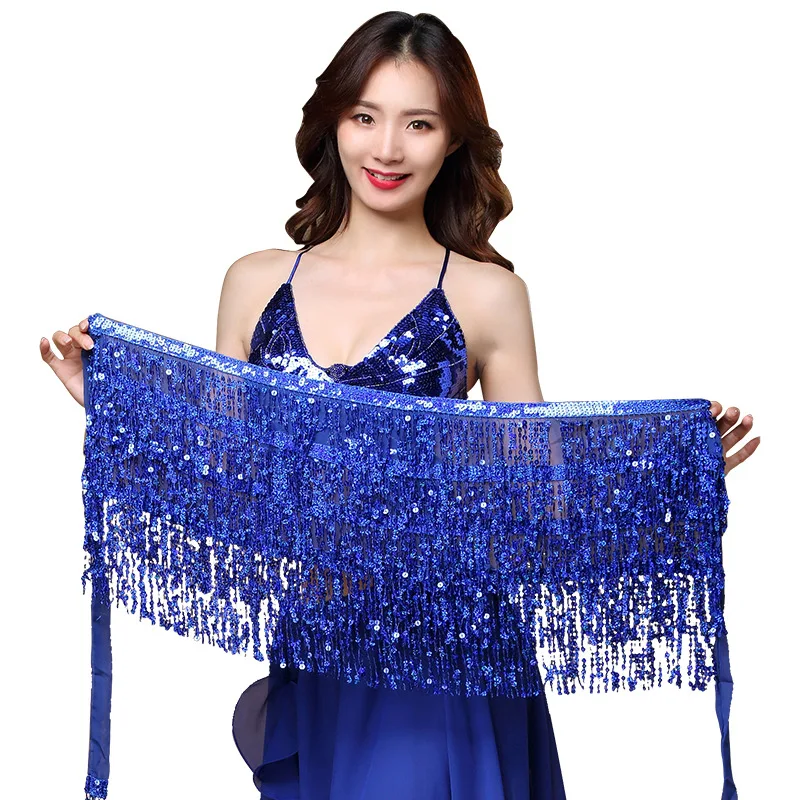 Bellydance เสื้อผ้าพู่เข็มขัด4แถวแถบสี่เหลี่ยมผืนผ้า Belly Dance ห่วงโซ่สะโพกผ้าพันคอ Sequins Fringes เข็มขัดลูกไม้โบฮีเมียน Sequined