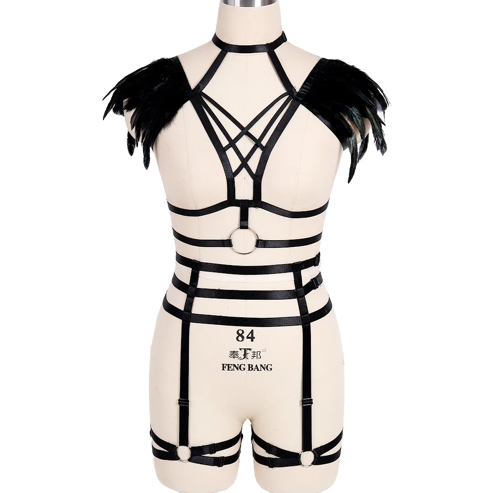 

Adjustable Goth Feather Pentagram Harness Belt Rave Wear Sword Belt Women's Underwear Stocking Garter Fetish Erotic Lingerie