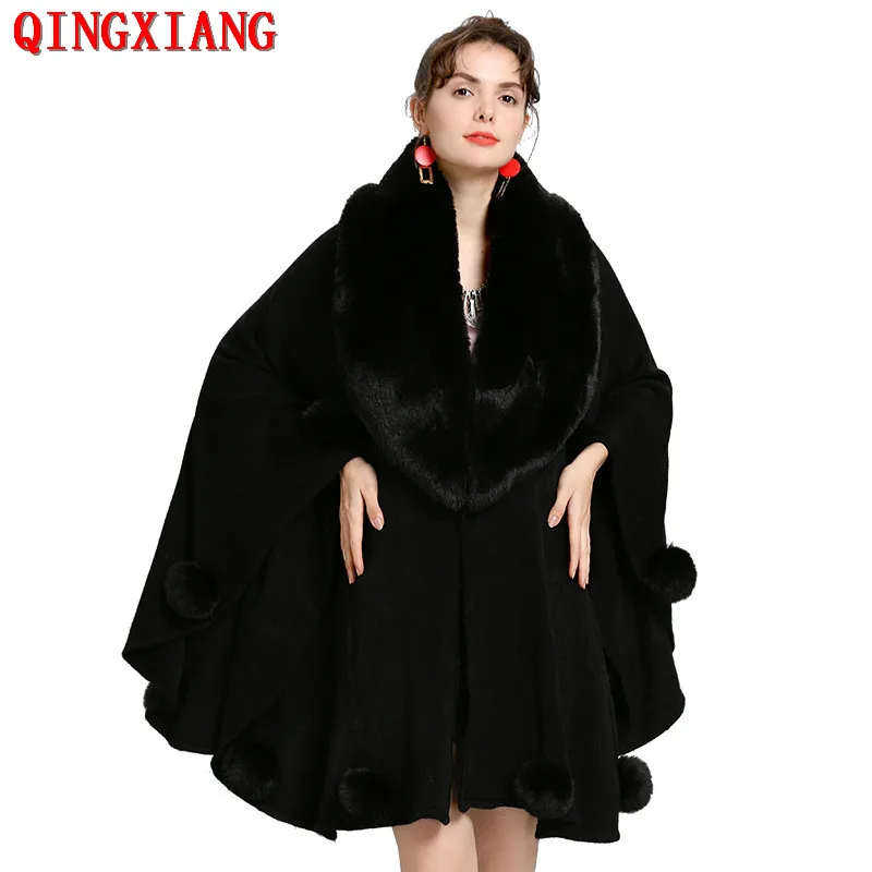 Womens Big Pendulum Capes Poncho Winter Fur Ball Shawl Oversized Knitted Sweater Big Faux Fox Fur Neck Cardigan Pompon Overcoat