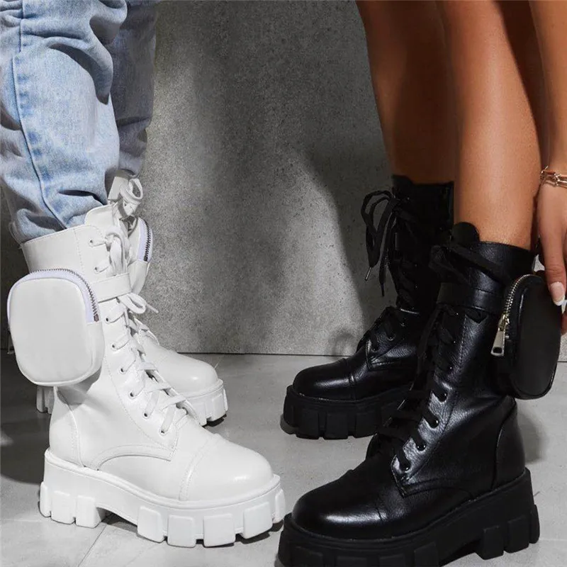 Women Pocket Boot Lace Up Ladies Ankle Boots Female Buckle Strap Black Chunky Sole Pouch Ankle Boots Woman Platform Shoe Fashion