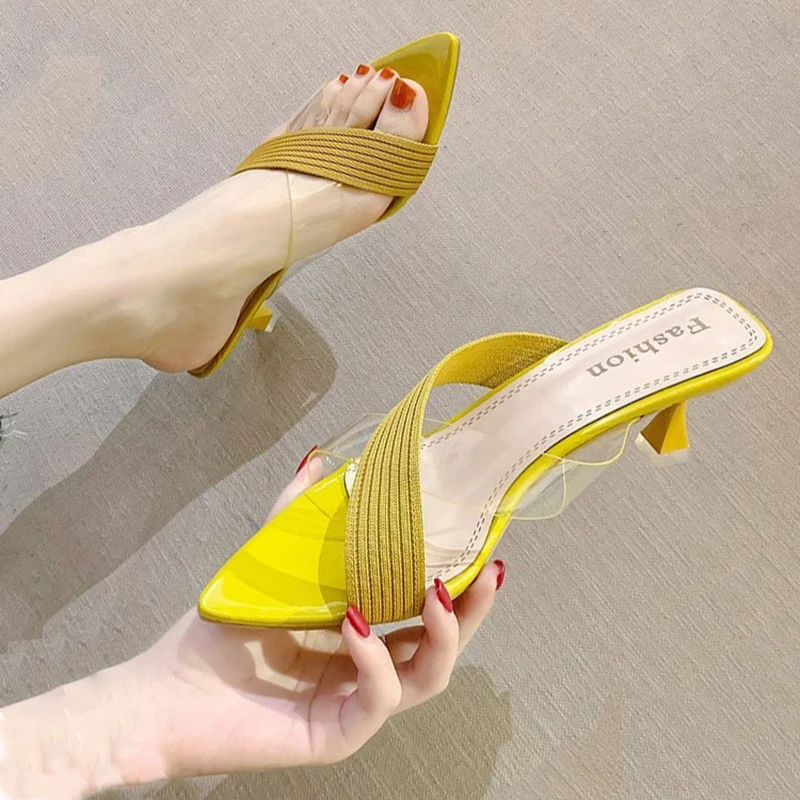 Summer Women Yellow Green Beige Pumps Sandals For Ladies Sexy Mules High Heels Slip-on Slippers Slides Shoes New 2021