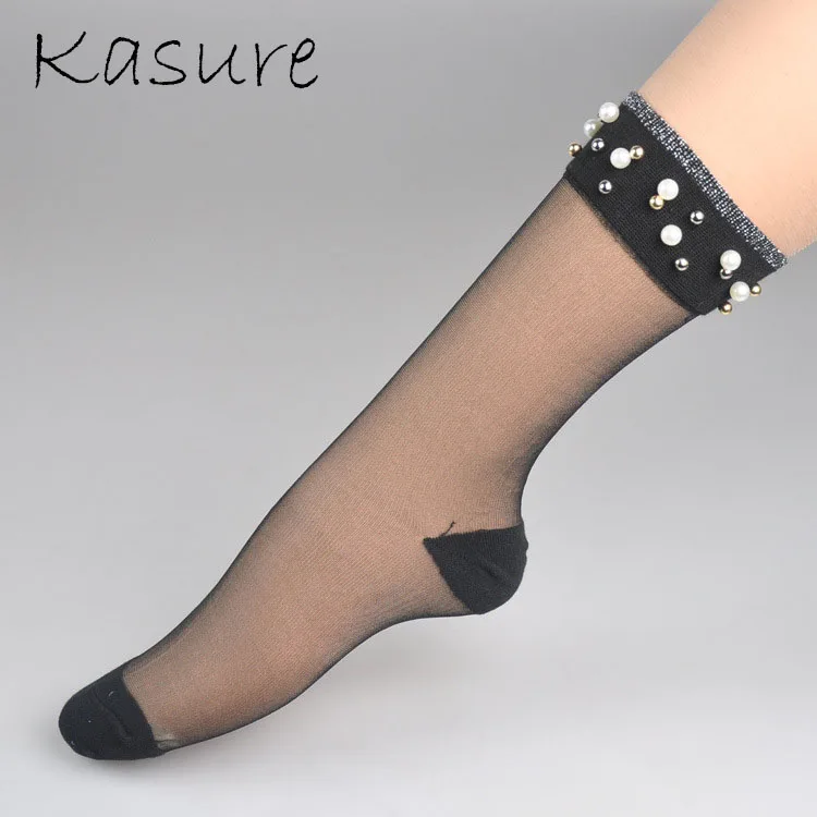 KASURE New Fashion Pearl Beads Thin Mesh Ankle Socks Transparent Ultrathin Shiny Sexy Female Socks