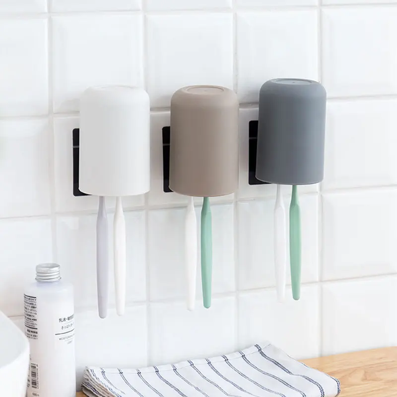 Toothbrush Holder With 300ml Cup Bathroom Organizer Wall Sticker Hanging Brush Bracket Stand Bathroom Accessories