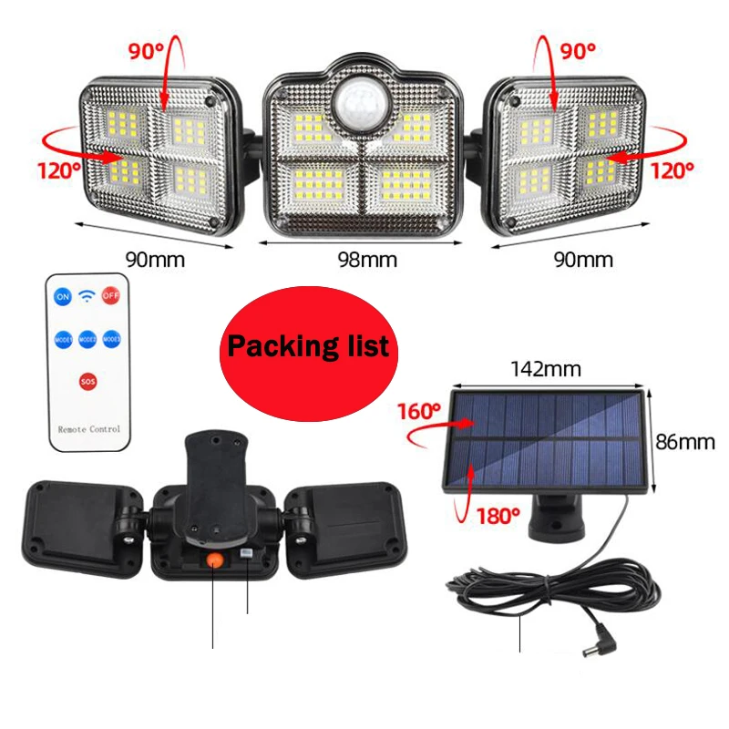 Lampe solaire d'extérieur à 138 ou 122led, conforme à la norme IP65, étanche, avec têtes réglables, 3 Modes de fonctionnement
