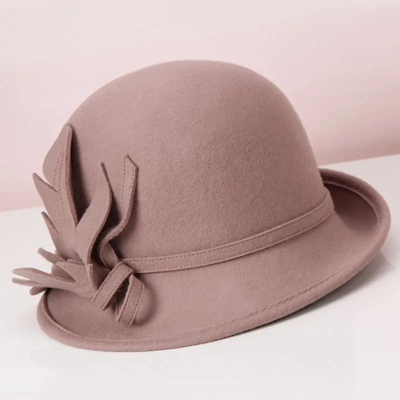 

H730 Women Fedoras Hat Female Autumn Winter Retro Elegant Wool Felt Cloche Cap Korean Fashion Three-dimensional Flower Warm Hats