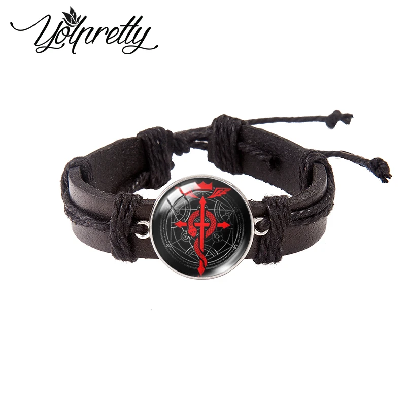 Fullmetal Alchemist Lace-up Leather Bracelet Glass Cabochon Charm Pendants Jewelry for men