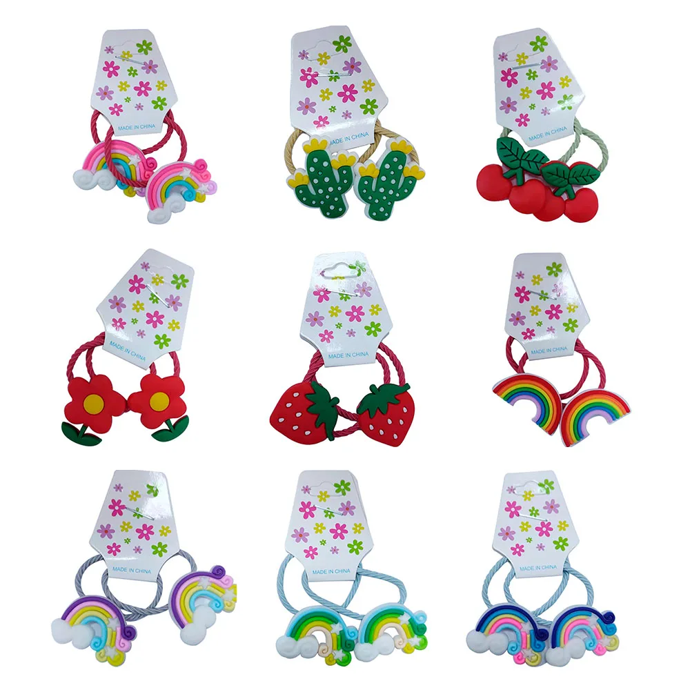 2PCS Cartoon Rainbow Strawberry Flower Princess Headwear Kids Elastic Hair Bands Children Tie Girls Accessories Baby Headdress