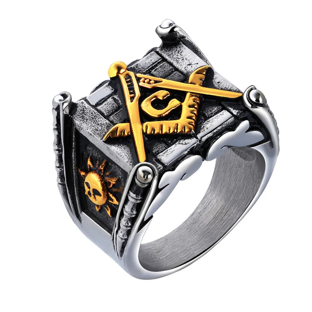 Vintage Masonic Letter Ring Classic Moon and Sun Stamp Stainless Steel Biker Ring For Men Punk Amulet Jewelry Gift Wholesale