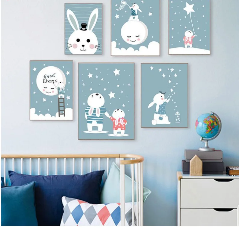 Lovely Room Animal Chasing Star Rabbit Wall Art Canvas Painting Nordic Posters And Prints Wall Pictures Nursery For Home Decor