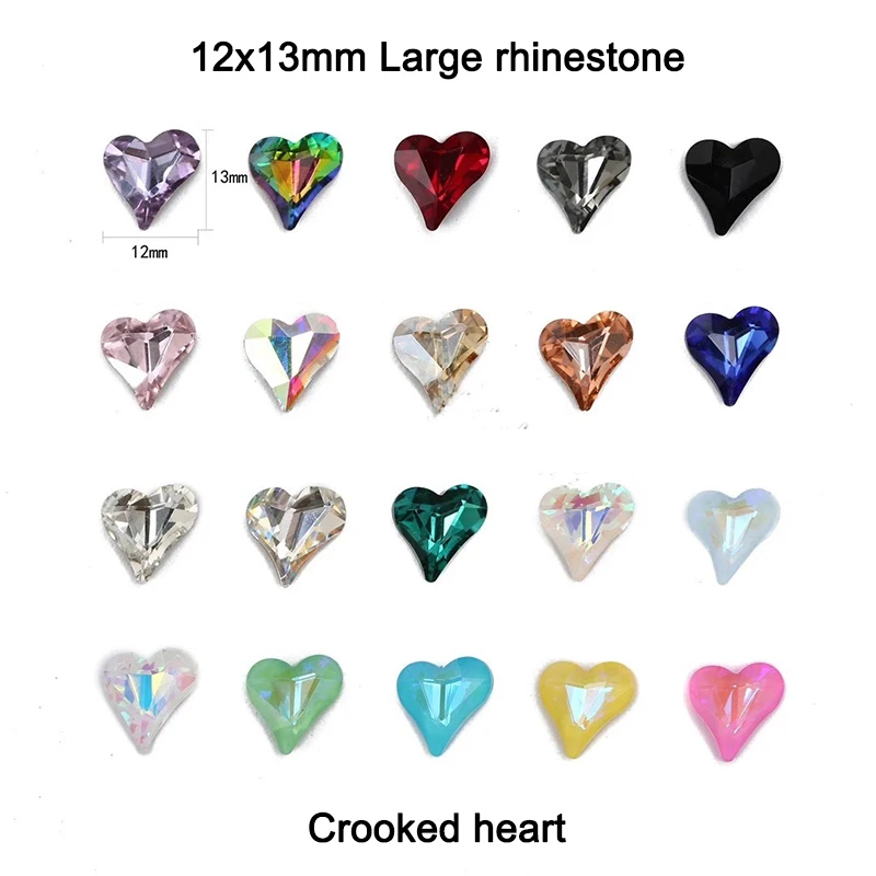 Large Nail Art Rhinestone Pointed Bottom Crooked Heart High Quality K9 Glass Stone Fashion Fingernail DIY Decoration Accessories