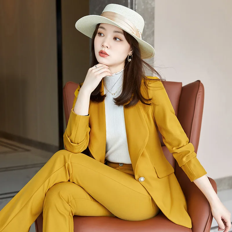 Ladies Elegant Yellow Formal Uniform Designs Pantsuits Women Business Work Wear Pants and Jakets Coat OL Style Blazers Set