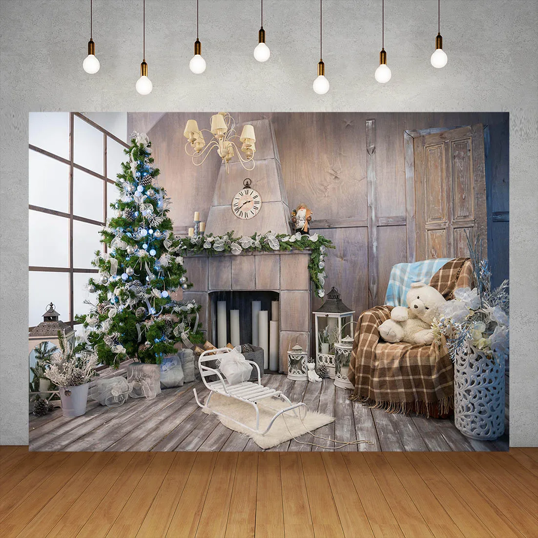 Christmas Tree Clock Fireplace Gift Chair Photography Background For Photo Studio Children Baby Family Photophone Photozone Prop