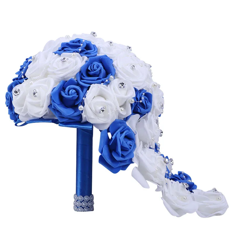 JaneVini Waterfall Royal Blue Bridal Holding Bouquet Perals Artificial PE Foam Roses White Flowers Wedding Bouquets Accessories