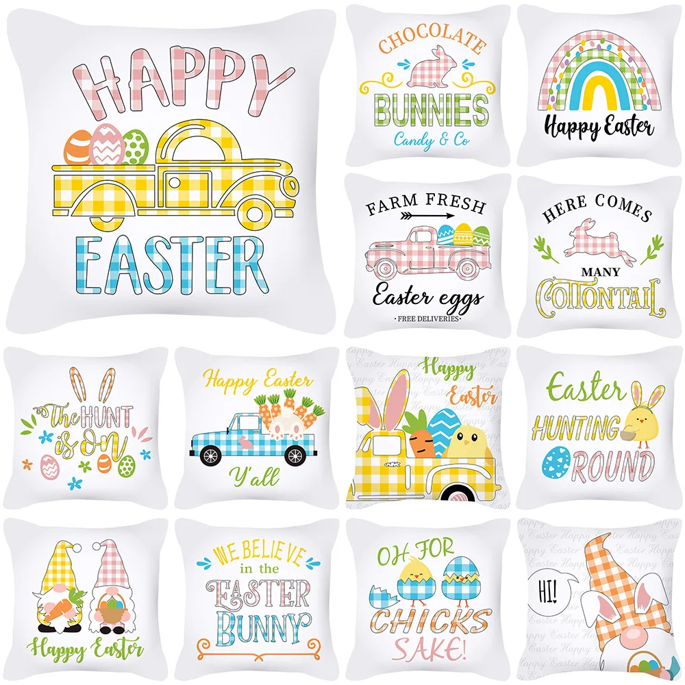 

Easter Home Decor Cushion Cover 18x18in Flower Basket Easter Bunny Dwarf Printed Pillow Cover Living Room Pillowcase for Couch