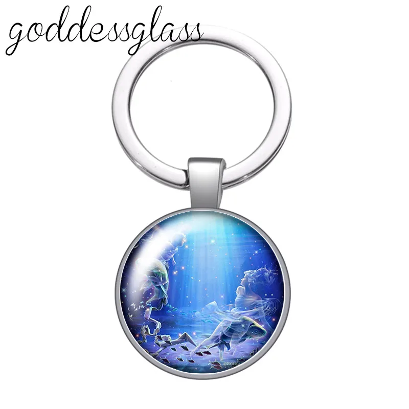 12 constellations Animals Zodiac Signs round glass cabochon keychain Bag Car key chain Ring Holder Charms keychains Gifts