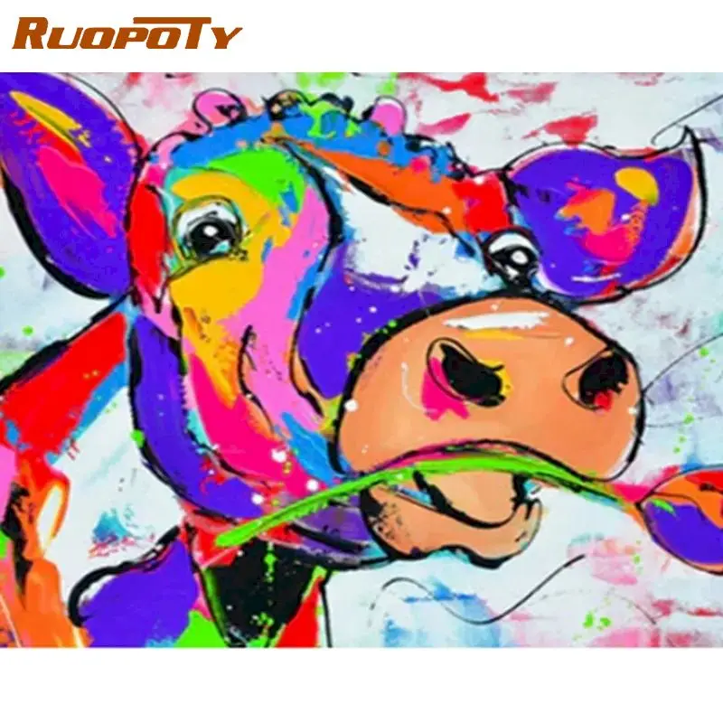 

colorful cow with rose for handmade painting on canvas diy Coloring By Number Acrylic Canvas Painting for home decoration