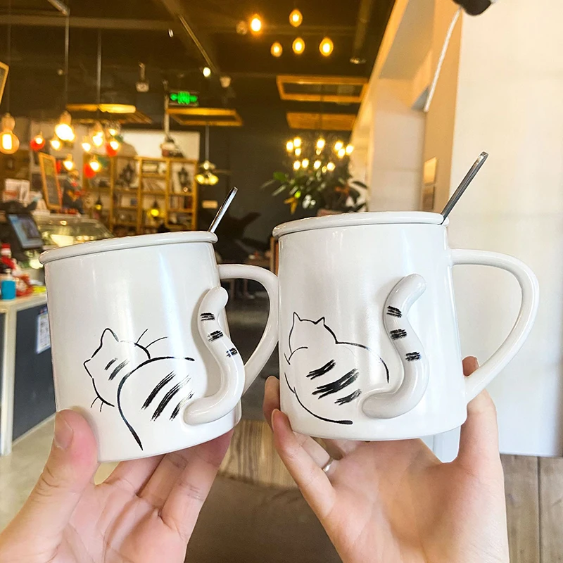 

1PC Ceramic Cute Cat Mugs With Spoon Coffee Tea Milk Animal Cups Creative Cute Miniature Cat tumbler Drink Ware Home Accessories