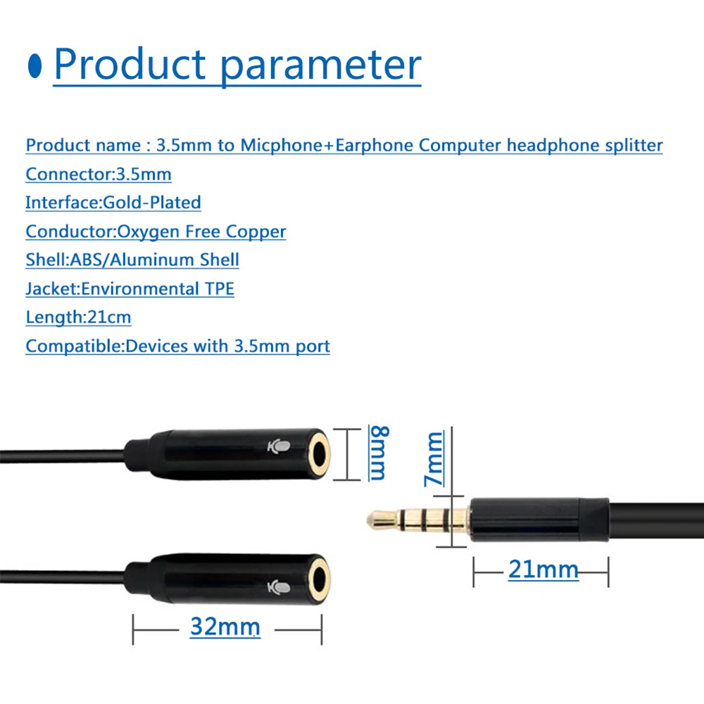 Divisor de áudio e extensão do microfone, cabo jack de microfone duplo, cabo de 3.5mm macho para 2 fêmea para telefone e laptop, cabo aux