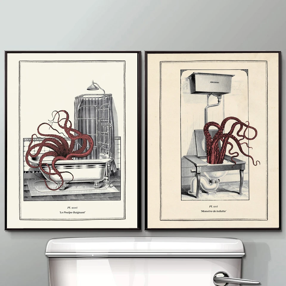 Canvas Painting Home Decor Nordic Vintage Octopus Print Funny Toilet Wall Art Cloakroom Poster Modular Picture Shower Room Frame