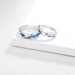 Color Dripping Glaze Waves Whale Sweet Romantic Couple Silver Color Resizable Opening Ring For Women Luxury Jewelry SRI596