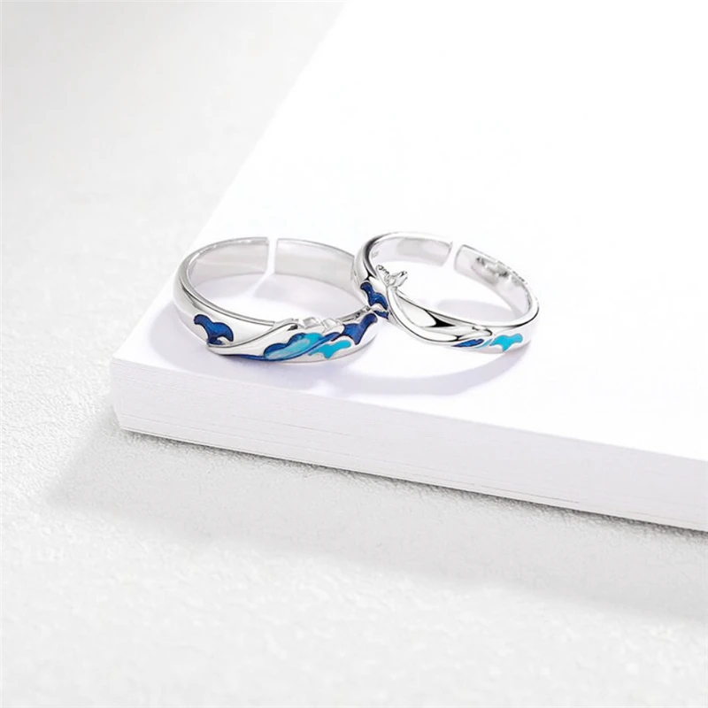 Color Dripping Glaze Waves Whale Sweet Romantic Couple Silver Color Resizable Opening Ring For Women Luxury Jewelry SRI596