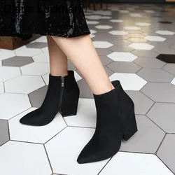Pointed Toe Booties Winter Women Black Ankle Boots Lace Up Footwear Platform High Heels Wedges Shoes Woman Bota Feminina 32 41