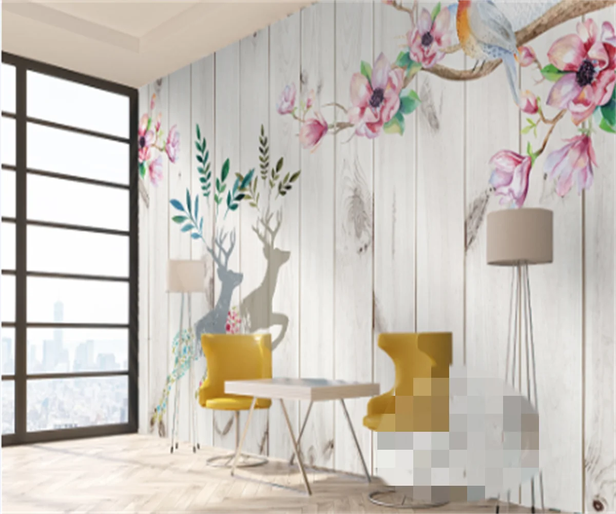 European and American custom 3D watercolor flowers double deer wood grain bedroom background wall painting hotel room mural