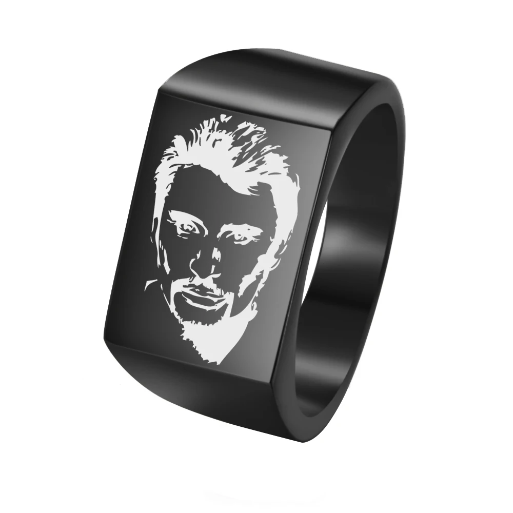 Personalized French ROCK Star Johnny Hallyday Photo Engraved Stainless Steel Ring for Fans Anniversary Ring Gift for Men SL-101