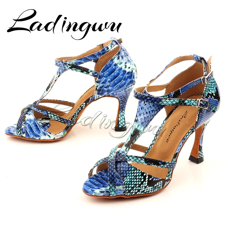 Ladingwu Dance Shoes Latin Women Salsa Dance Shoes Blue Snake Pattern Girls Party Performance Professional Dance Shoes Ballroom