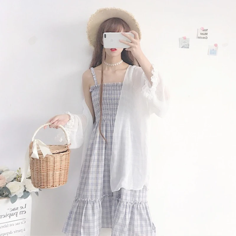 Soft Girl Suit Women's Summer New Korean Style Sweet Fresh Plaid Strap Dress Sun Protection Clothing kawaii dress