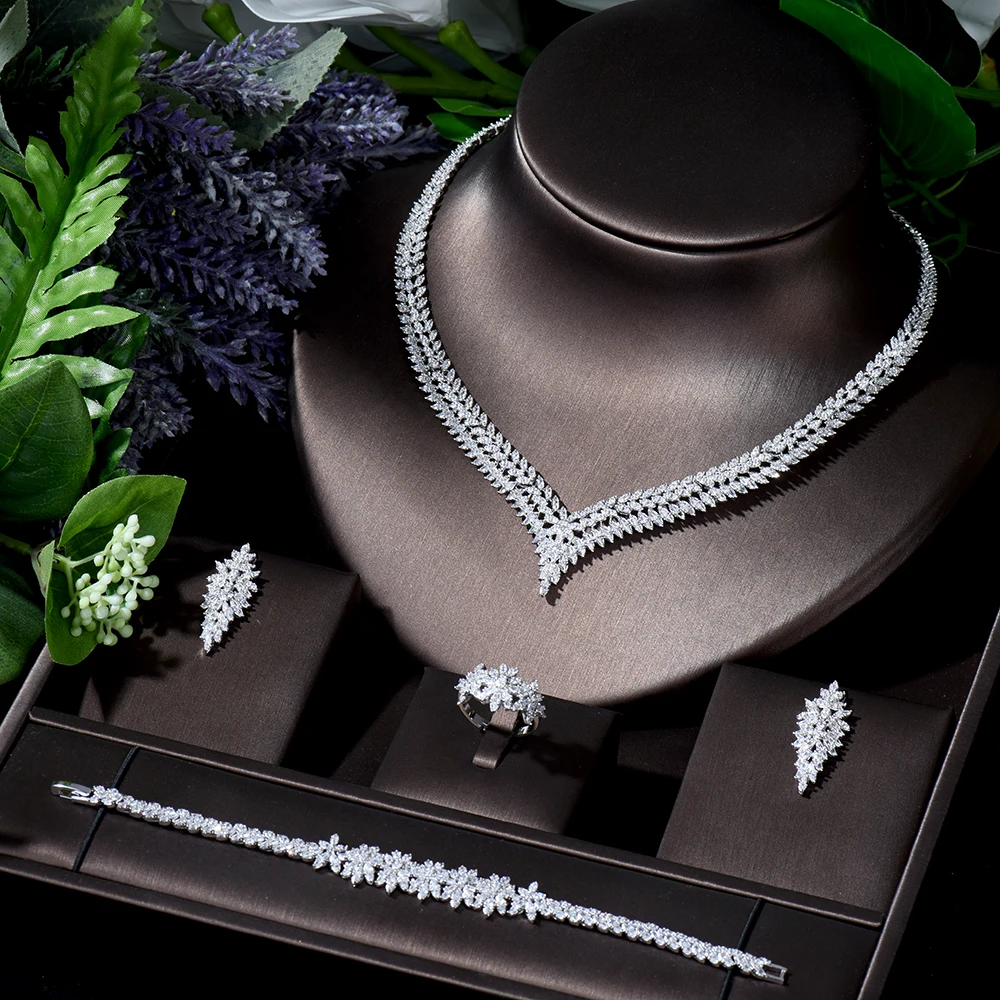 

HIBRIDE Fashion 4pcs Cubic Necklace and Earring Set Geometric Design Women Bridal Wedding Jewelry Set Formal Occasion N-236