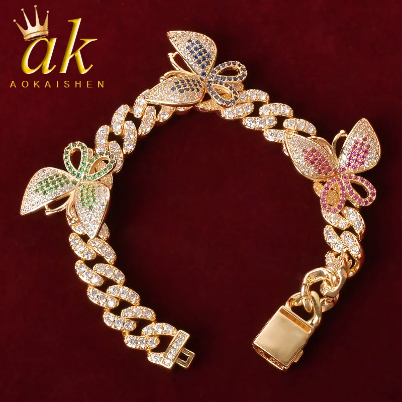 Aokaishen 10MM Miami Cuban Link Butterfly Bracelet Bling Women Fashion Jewelry AAAAA Charms Hip Hop 2022 Trend Best Shipping