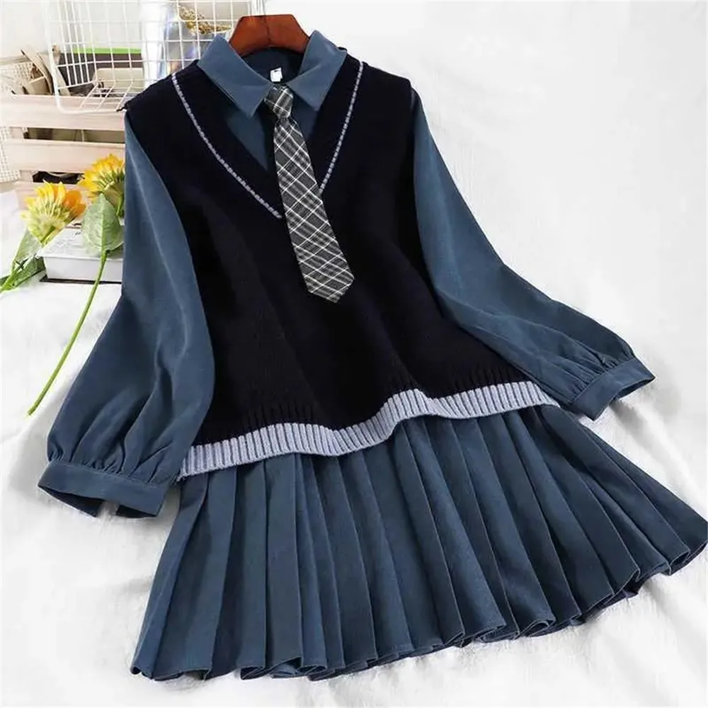 

Japanese Kawaii Autumn Korean Plaid Shirt + Stitching Pleated Dress With Tie Vintage Knitted Vest Top Suit Spring Women Sets