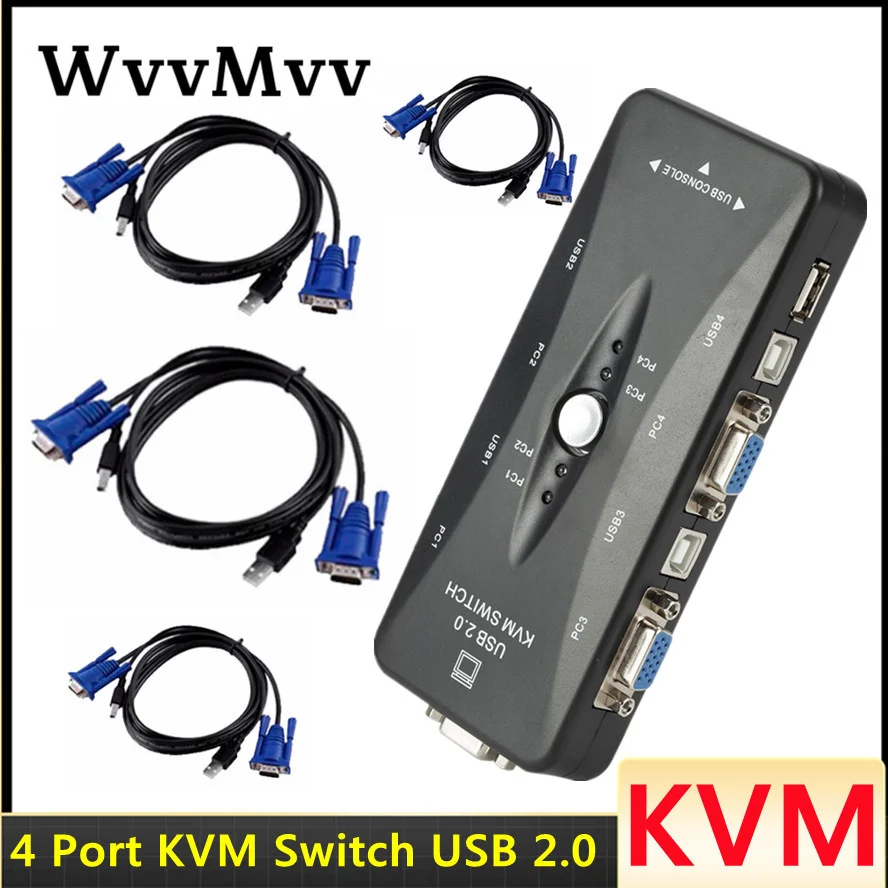 WVVMVV 4 Port Kvm Switch USB 2.0 VGA Splitter Printer Mouse Keyboard Pendrive Share Switcher 1440*1920 VGA Switch Box Adapter