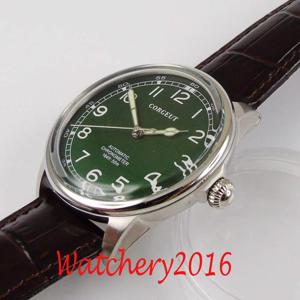 CORGEUT 41mm Green Dial Luminous Movement Automatic Mens Watch  Steel Case Leather strap