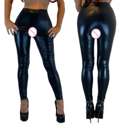 Czarne seksowne wyglądające na mokre legginsy XXL bandaż nowość egzotyczna odzież kobiety Faux Leather Legging otwarte krocza fetysz spodnie Plus Size