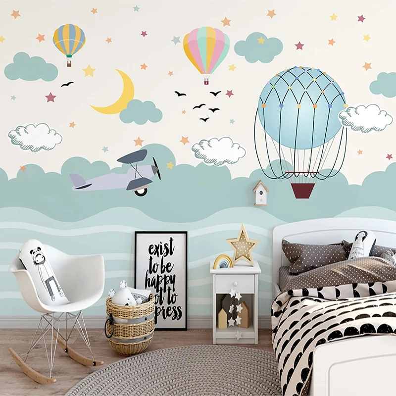 Custom Photo Wallpaper INS Hand Painted 3D Cartoon Hot Air Balloon Starry Sky Mural Children's Bedroom Self-Adhesive 3D Stickers