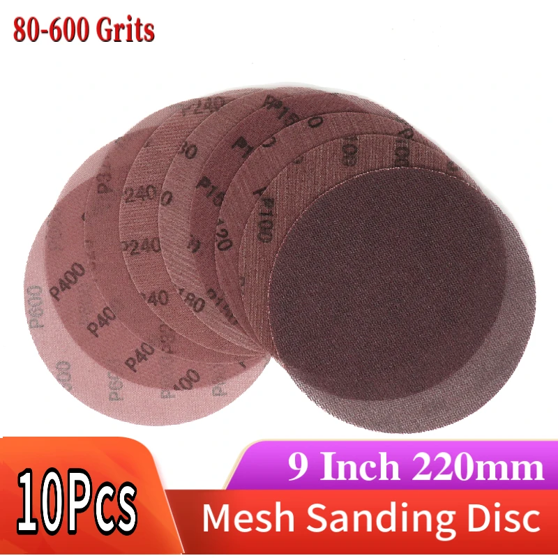 10Pcs 9 Inch Mesh Disc Dust Free Sanding Paper  220mm Anti-blocking Dry Grinding Sandpaper 80 -600 Grit For Car Wood Polishing