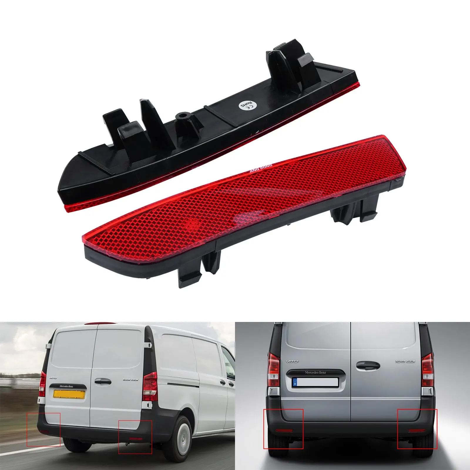 ANGRONG 2X Red Lens Rear Bumper Reflector For Mercedes-Benz W447 Vito Tourer V-Class 14-19