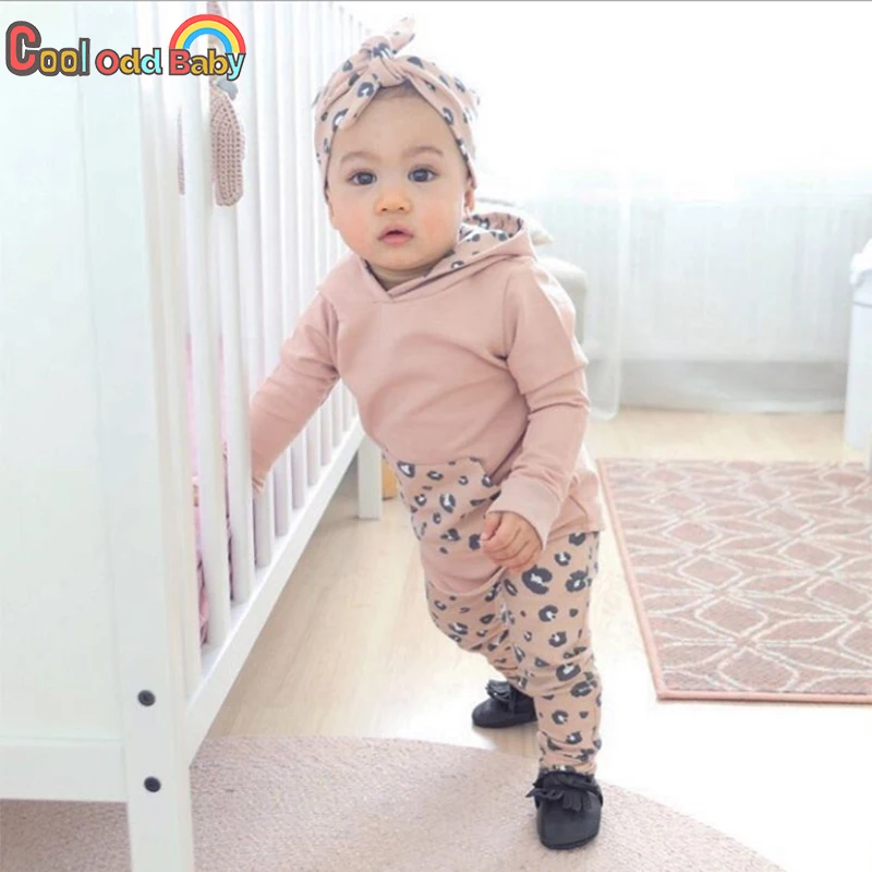 Newborn Baby Girl Clothes Fall Pink Hooded Long Sleeve Tops Print Pants Headband 3Pcs Spring Toddler Infant Clothing Outfits Set