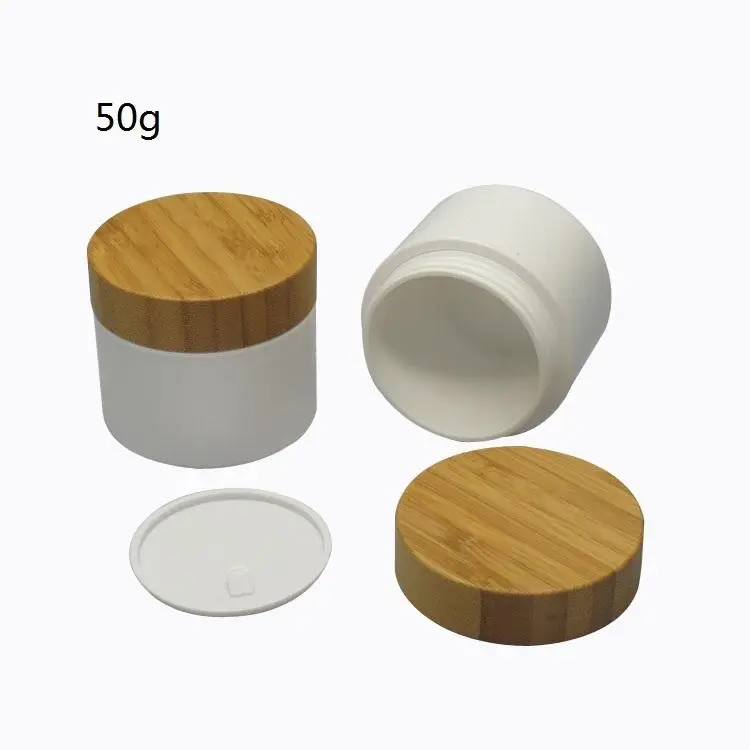 Eco Friendly White Plastic Cosmetic Bottle, White Plastic Cosmetic Cream Jars Packaging,Bamboo Lid Environmental Round 50ml 1 oz