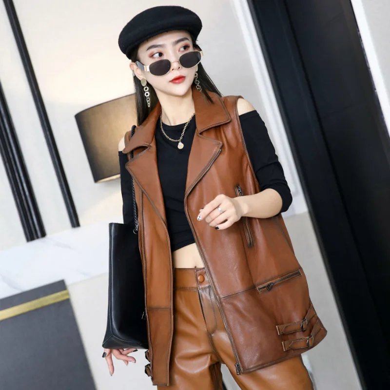 

Sheepskin Mid-Length Waistcoat Office Lady Lapel Multi-Zippers Sleeveless Jacket Women Fit Genuine Leather Vests Autumn Winter