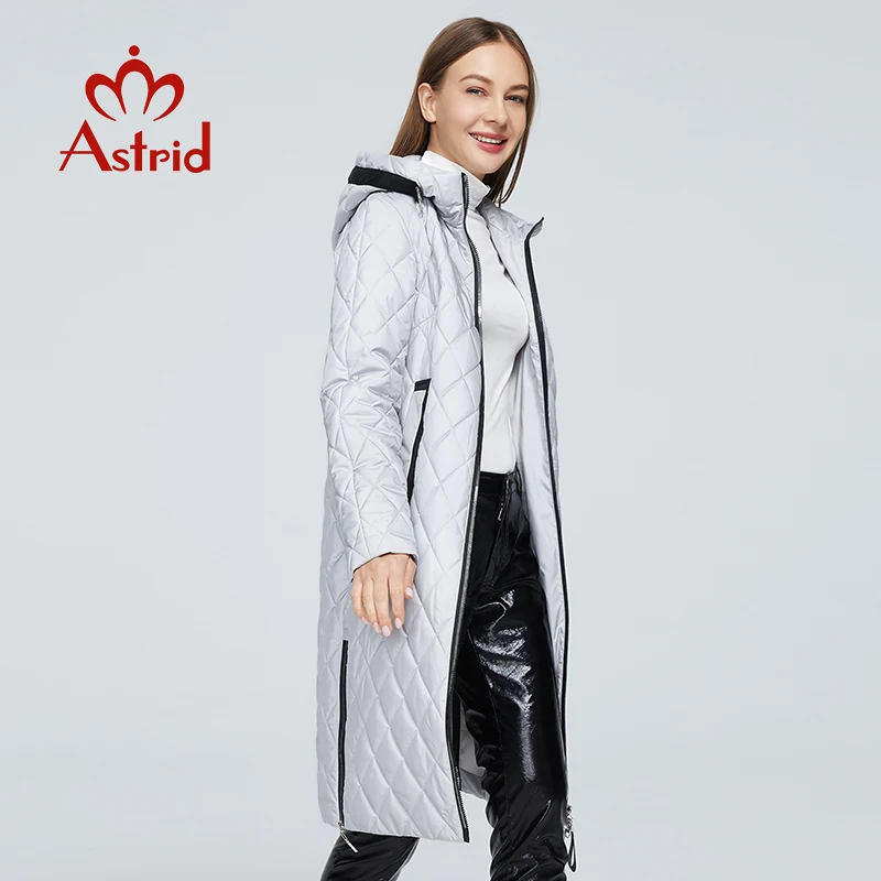 Astrid 2022 Women\'s Spring Autumn Jacket Hooded Zipper Pocket Warm Solid Lattice Fashion Long Coat Women Parkas Outerwear M-8745