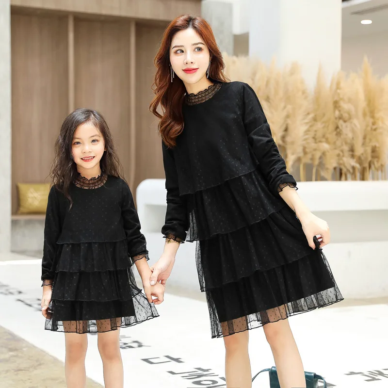 Family Clothes Mother Daughter Long Sleeve Gauze Lace Princess Dresses Fashion Spring & Fall One Piece Parent-Child Clothes P423