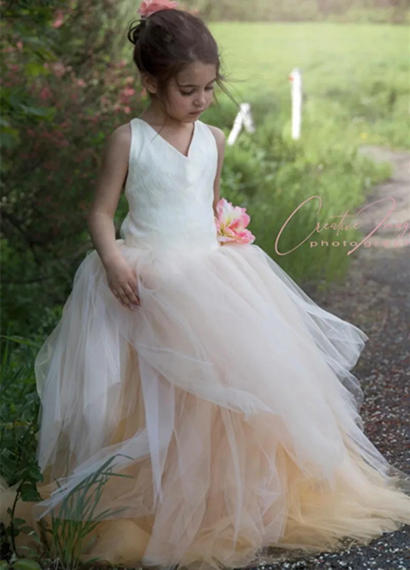 رائع الخامس الرقبة زهرة فتاة فساتين تول الكرة ثوب الدانتيل حتى الظهر الفتيات فساتين المسابقة طفل فستان حفلة عيد ميلاد