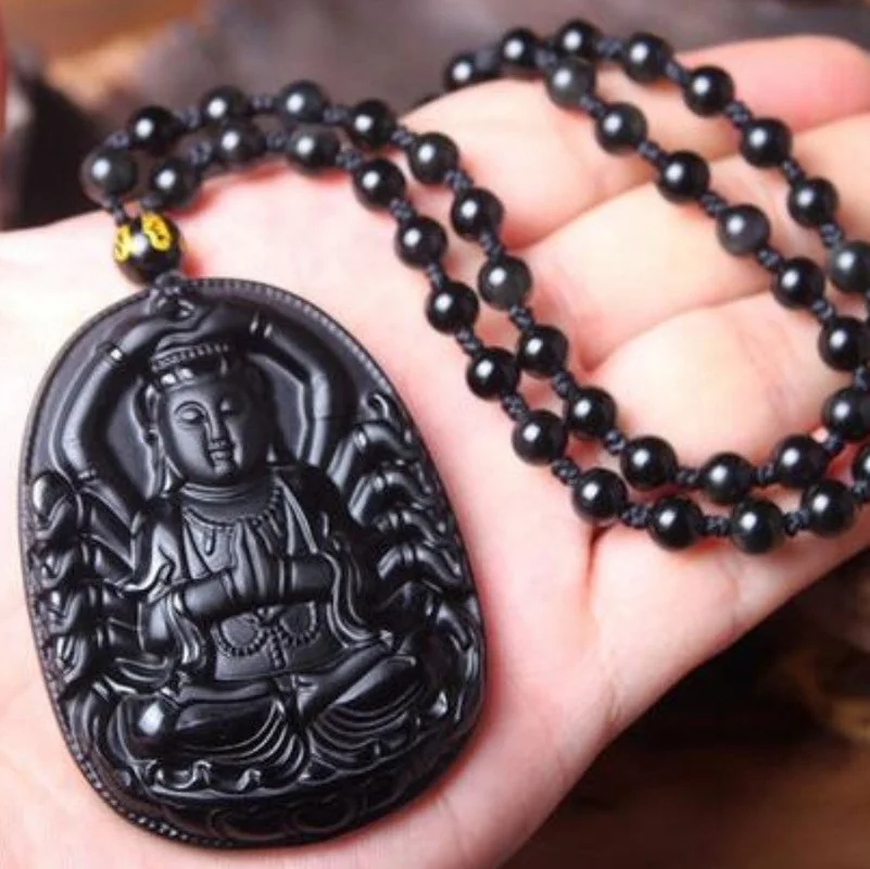 Thousand-Hand Guanyin Black Obsidian Carved Amulet Lucky Amulet Pendant Necklace Ladies Men Pendants Jewelry