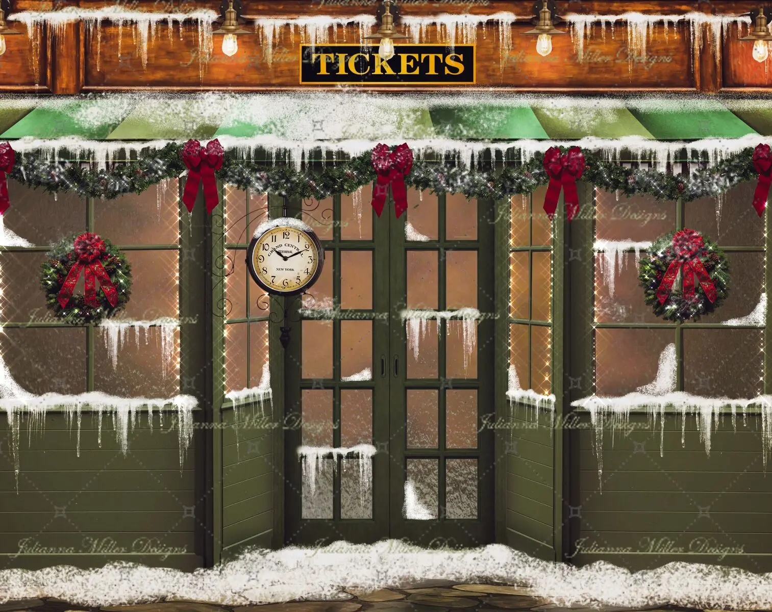 

Window Front Door Shop Street Garland Clock Light Winter Snow photo backdrop High quality Computer print party backgrounds